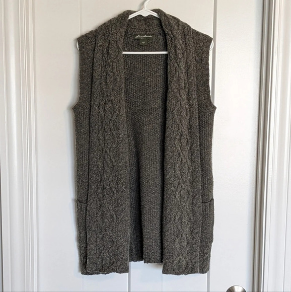 Eddie Bauer Sleeveless Wool Open Front Cardigan Green Cable Knit sz L - Picture 1 of 7